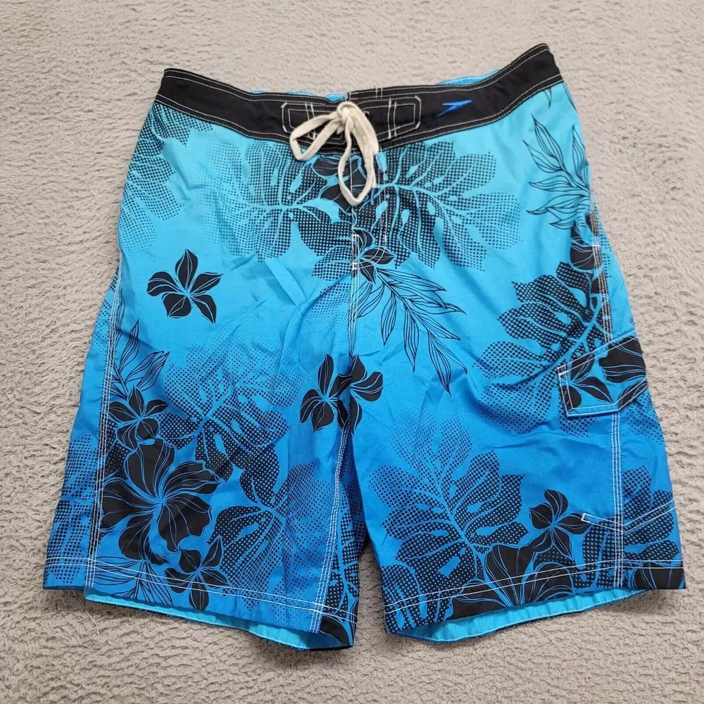 Speedo Shorts Mens 36 Blue Swim Lined‎ Floral Outdoors Casual Drawstring